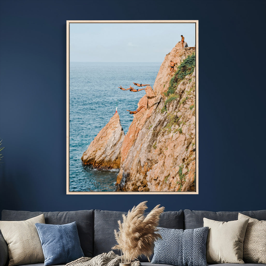 Cliff Dive Wall Art | Ocean Jump Canvas Print, Blue Sky