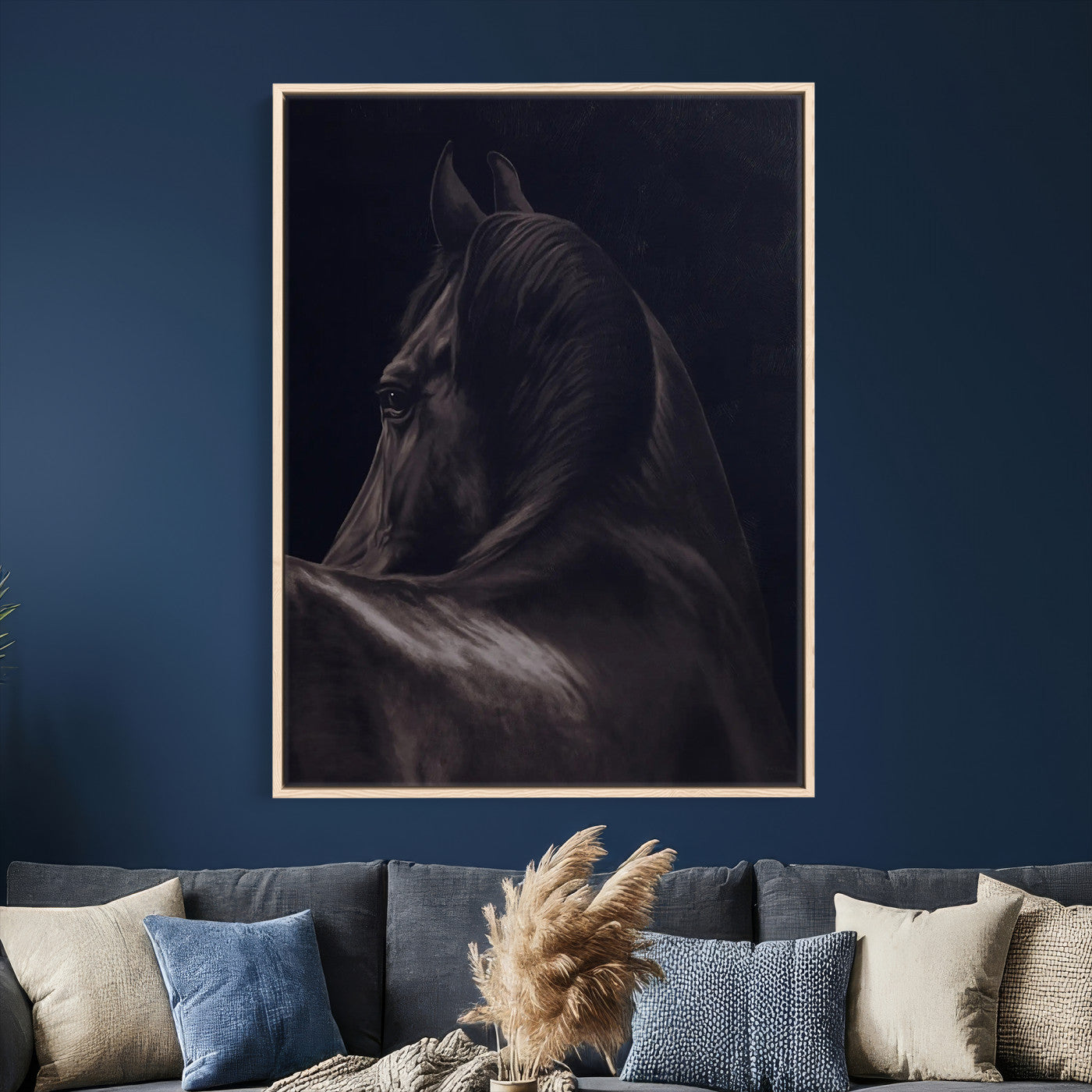 77538596-MGV-CV-24X36 - Dark Horse Wall Art – Majestic Silhouette Canvas Print, Sleek Mane, Graceful Strength, Elegant Equine Form, Timeless Beauty Decor for Home or Office