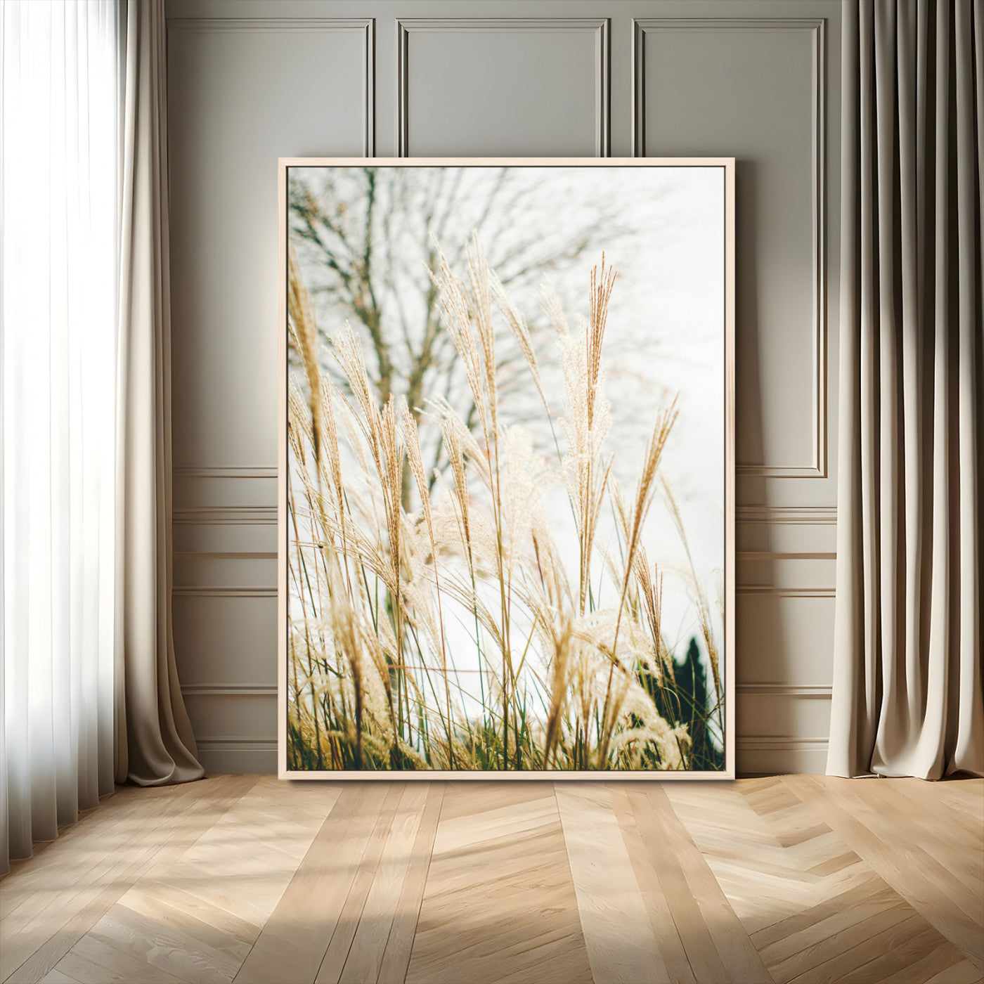 17571705-MGV-FC-24X36_Natural-Pampas Grass Wall Art Canvas Print – Framed Neutral Tones Minimalist Nature Scene Artwork for Home Office