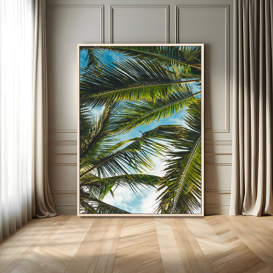 Palm Leaves Wall Art Canvas Print, Framed Tropical Vibes Art, Green Foliage Tropical Boho Decor