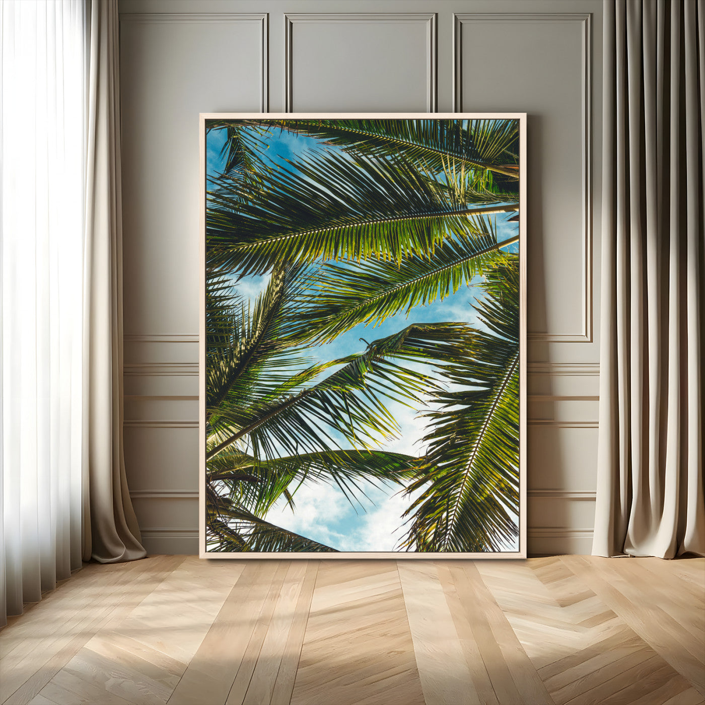31086560-MGV-FC-24X36_Natural-Palm Leaves Wall Art Canvas Print – Framed Tropical Vibes Green Foliage Nature Scene Artwork for Home Office
