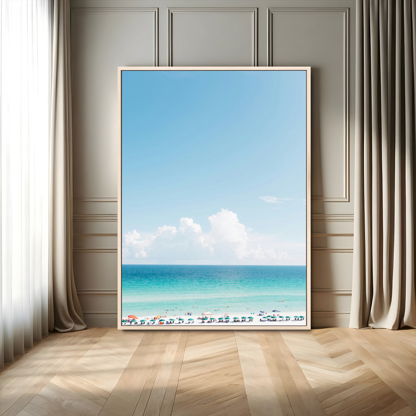 62954953-MGV-FC-24X36_Natural-Turquoise Ocean Wall Art Canvas Print – Framed Coastal Serenity White Sand Beach Artwork for Home Office