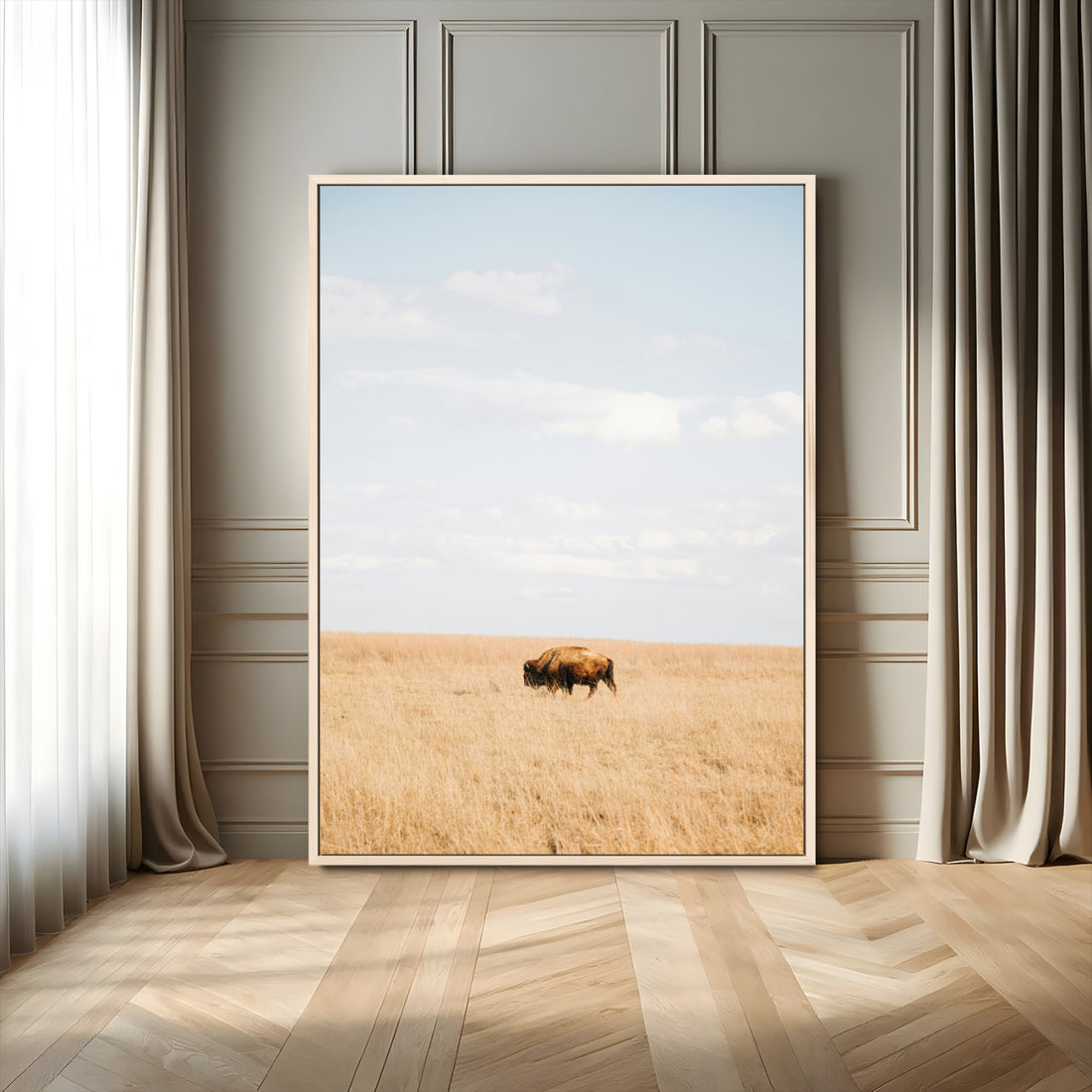 Minimalist Nature Wall Art Canvas Print, Framed Bison in Grassland Art, Open Field Modern Ranch Decor
