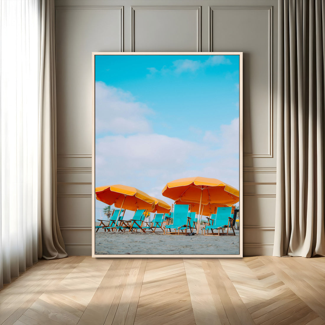Beach Umbrellas Wall Art Canvas Print, Framed Coastal Vibes Art, Tropical Paradise Boho Coastal Decor