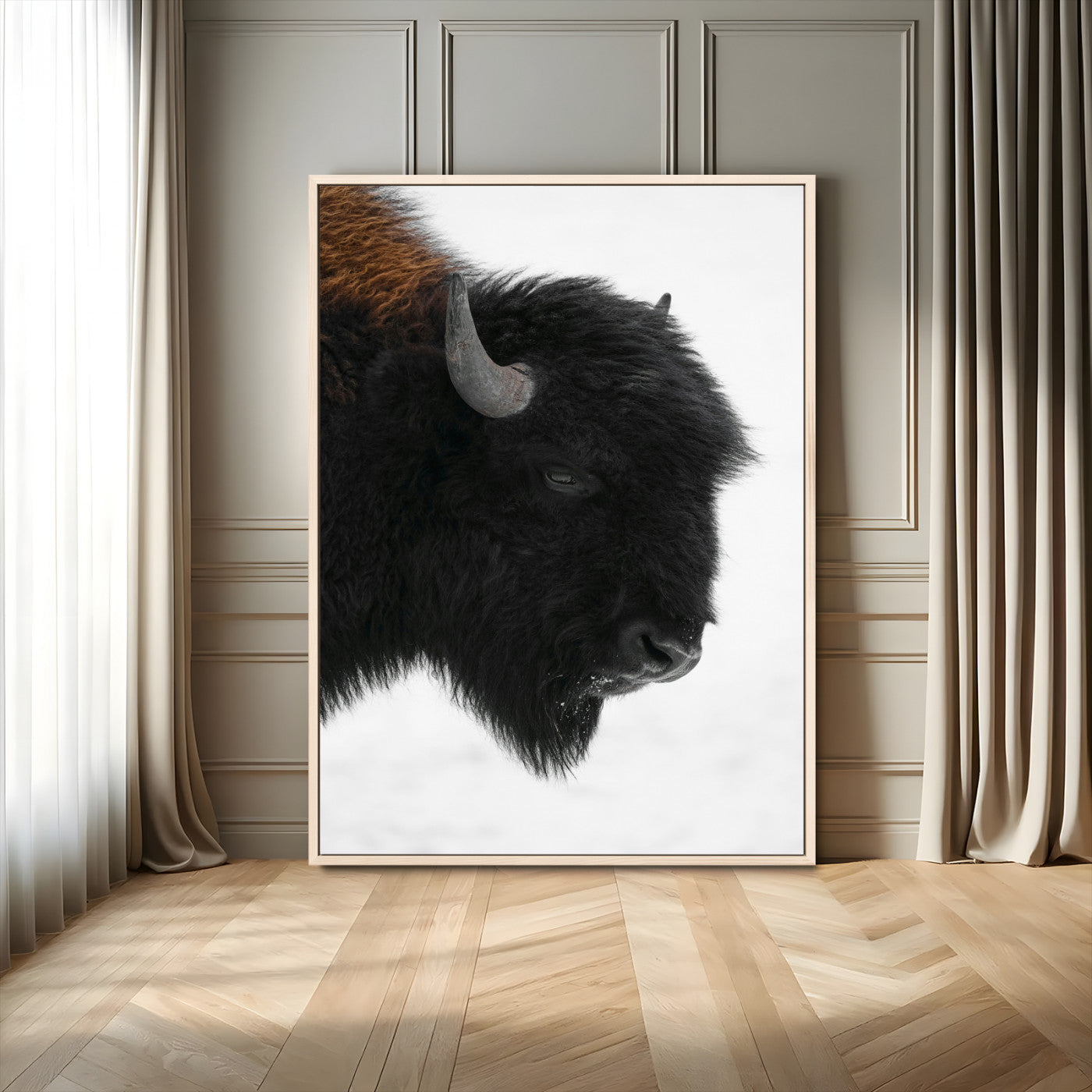 73956942-MGV-FC-24X36_Natural-Western Rustic Wall Art Canvas Print – Framed Buffalo Black and White Wildlife Photography Artwork for Home Office