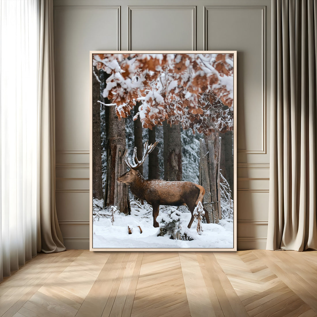 Serene Landscape Wall Art Canvas Print, Framed Winter Wonderland Deer Art, Rustic Cabin Decor
