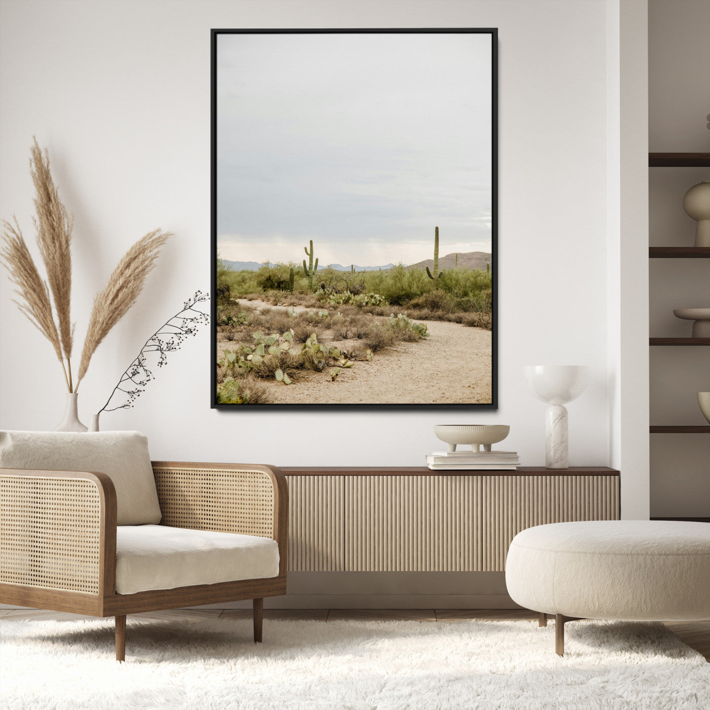 55042528-MGV-FC-24X36-Desert Landscape Wall Art Canvas Print – Cacti and Shrubs Pathway Natural Southwestern Scene Framed Artwork for Home Office