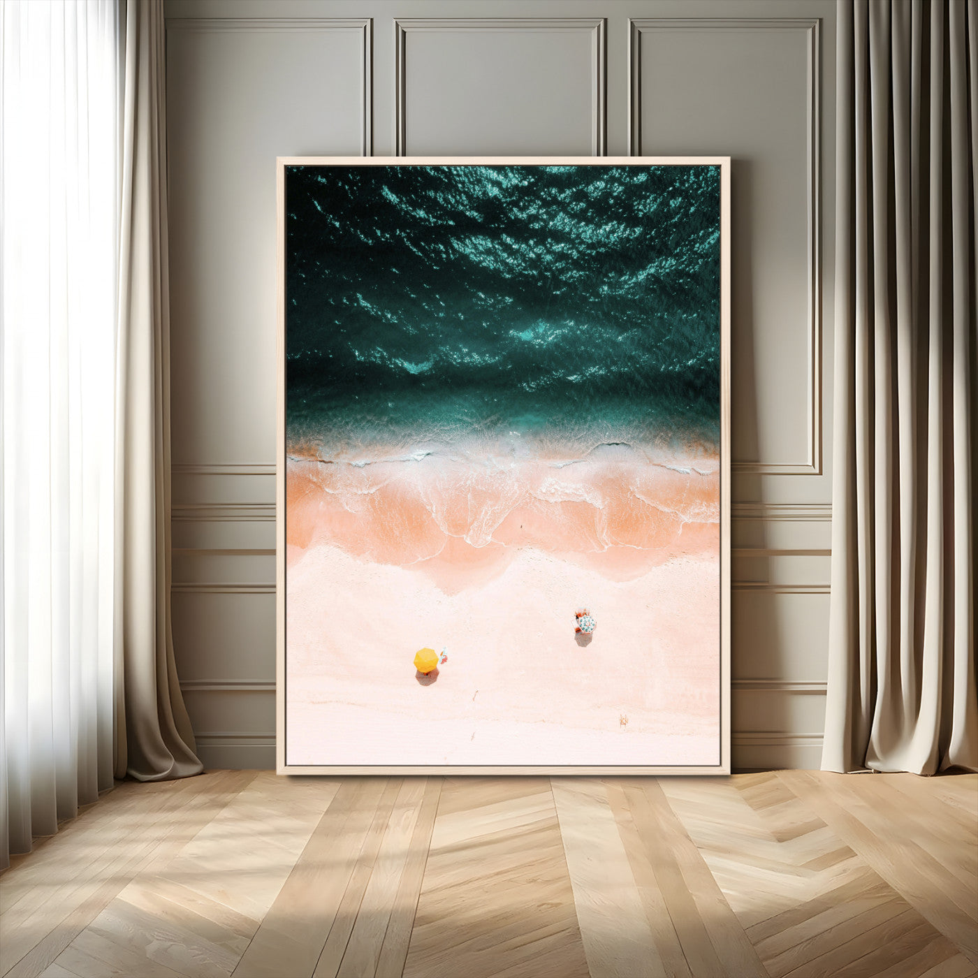 44468317-MGV-FC-24X36_Natural-Aerial Serenity Wall Art Canvas Print – Gentle Waves Peach Shore Yellow Umbrella Peaceful Beach Coastal Decor Artwork for Home