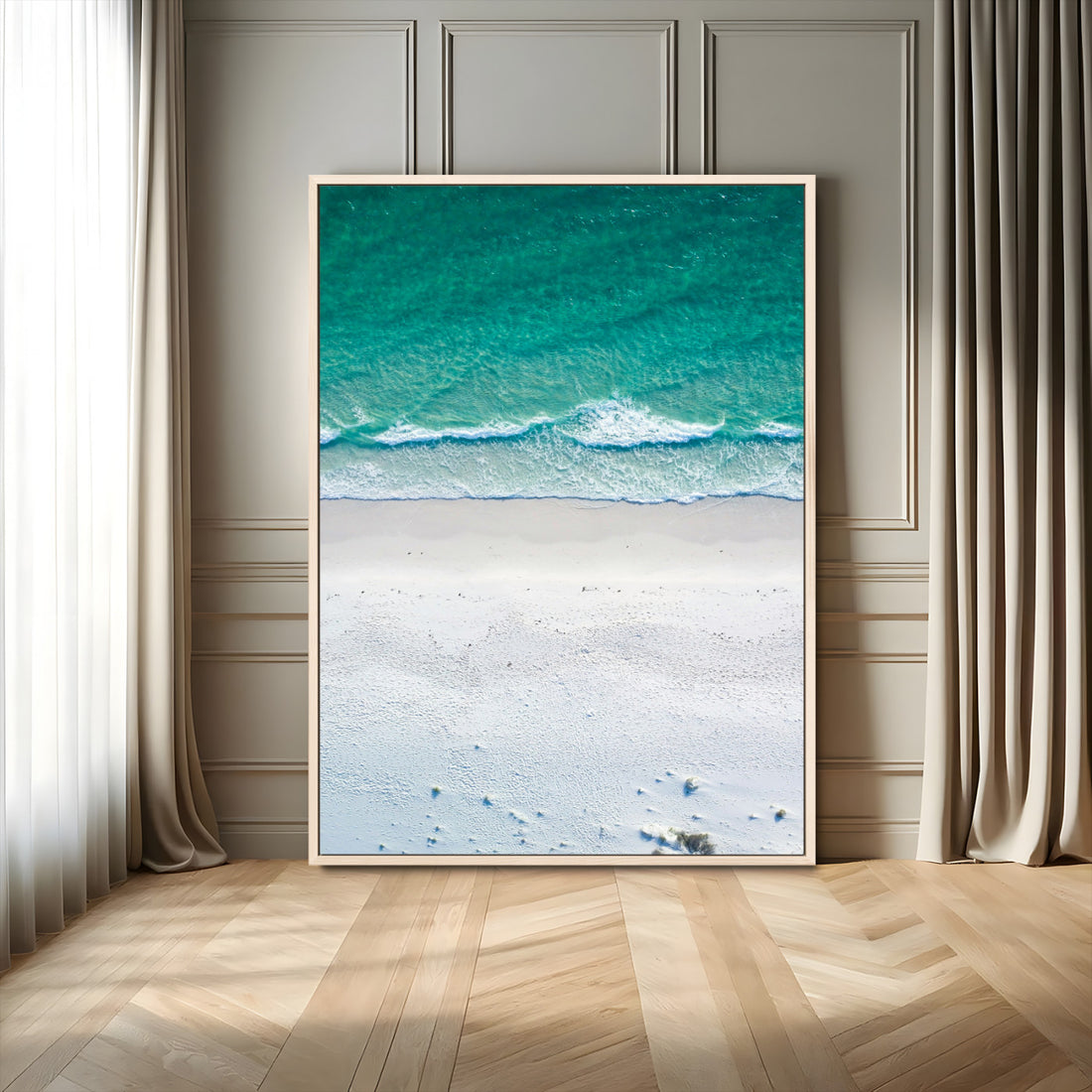 Turquoise Ocean Wall Art Canvas Print, Framed White Sand Shore Art, Gentle Waves Coastal Decor
