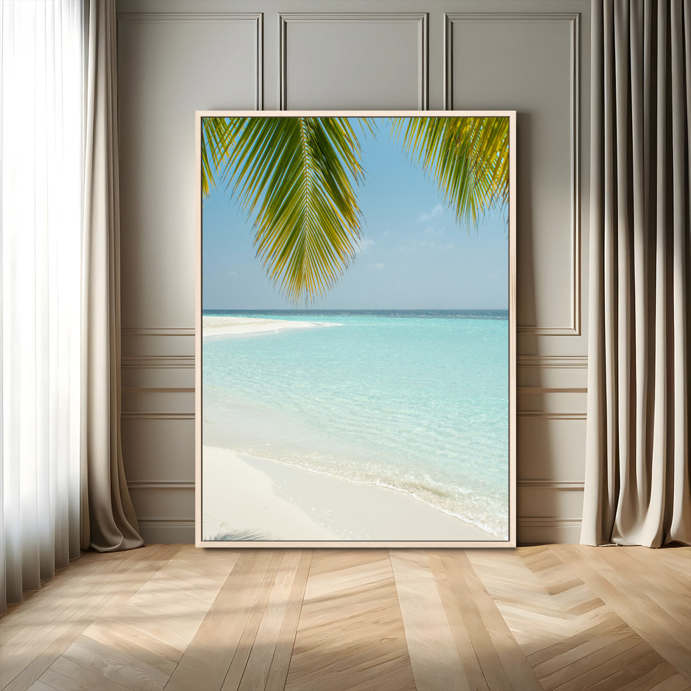 90359351-MGV-FC-24X36_Natural-Azure Water Wall Art Canvas Print – Tranquil Island Escape Clear Blue Ocean Minimalist Coastal Artwork for Home, Office