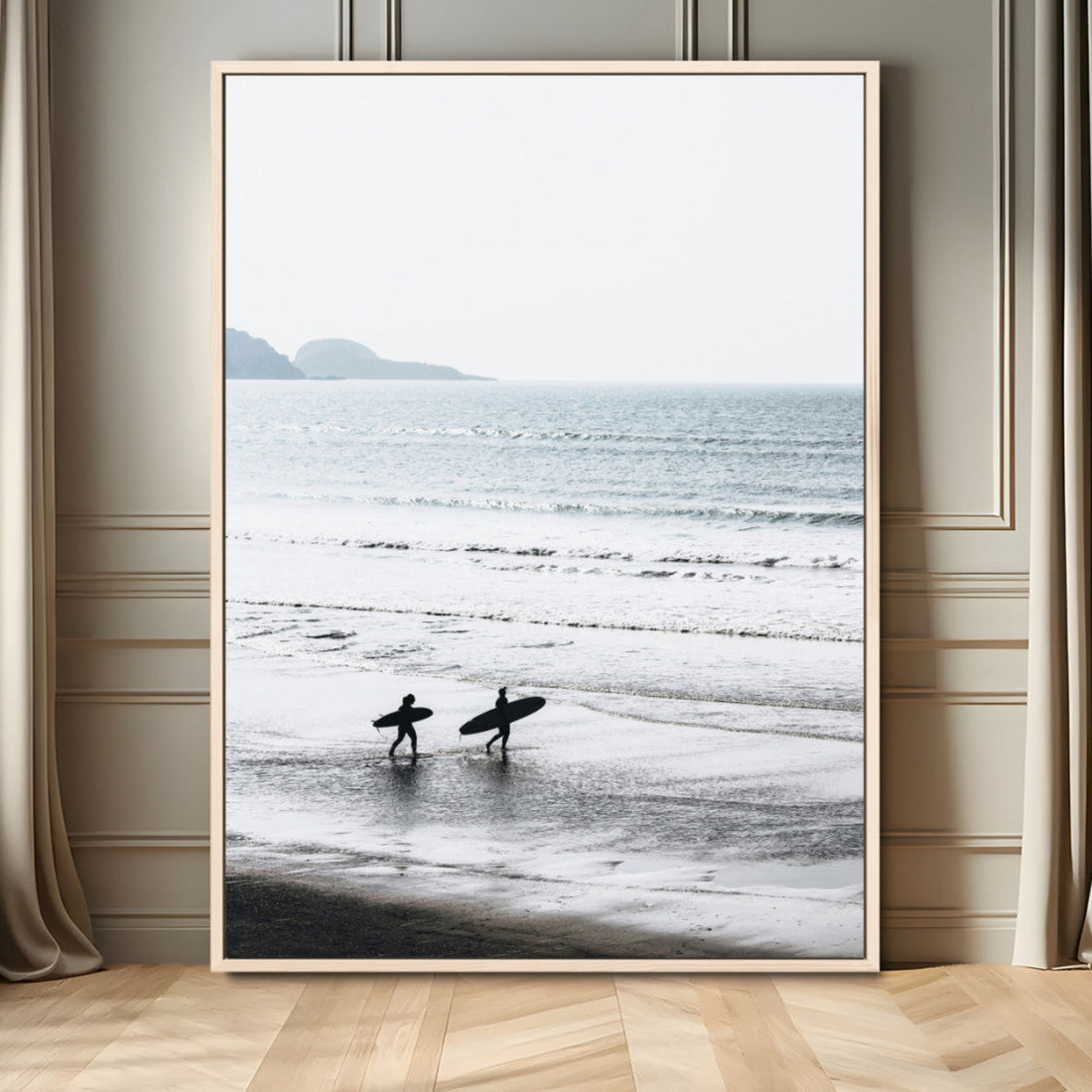 Surfer Silhouettes Wall Art Canvas Print, Framed Minimalist Ocean Art, Soft Horizon Coastal Decor