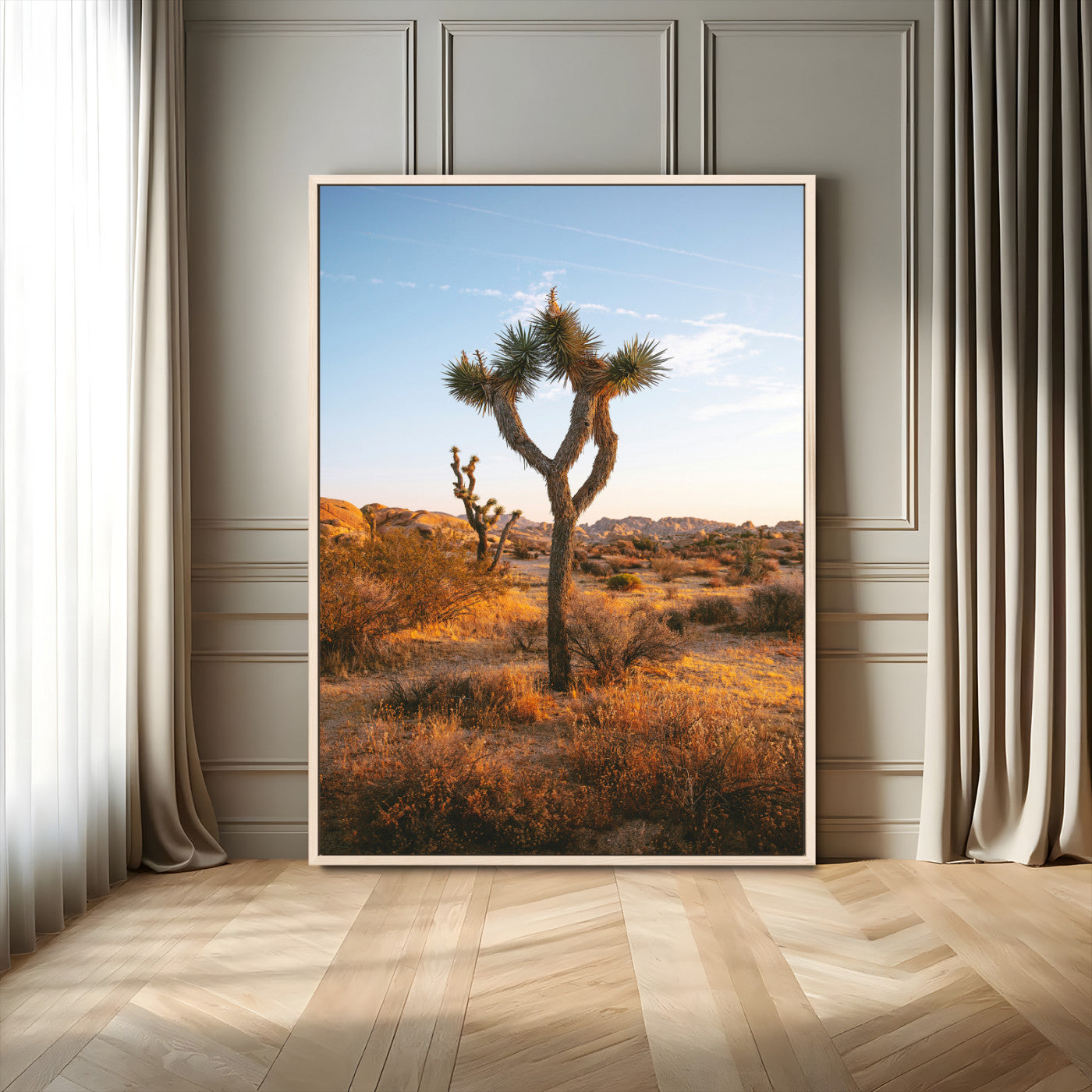 90776393-MGV-FC-24X36_Natural-Joshua Tree Wall Art Canvas Print, Framed Golden Hour Desert Art Picture Print, Sunset Glow Perfect Southwestern Boho Decor Artwork