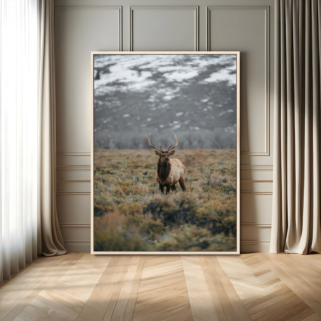 Wild Elk Wall Art Canvas Print, Framed Mountain Wilderness Majestic Animal Artwork