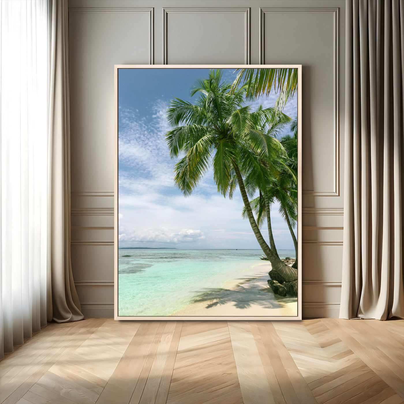 80489589-MGV-FC-24X36_Natural-Tropical Beach Palm Trees Canvas Print – Framed Island Coastal Wall Art Bright Ocean Horizon Photography for Home, Office