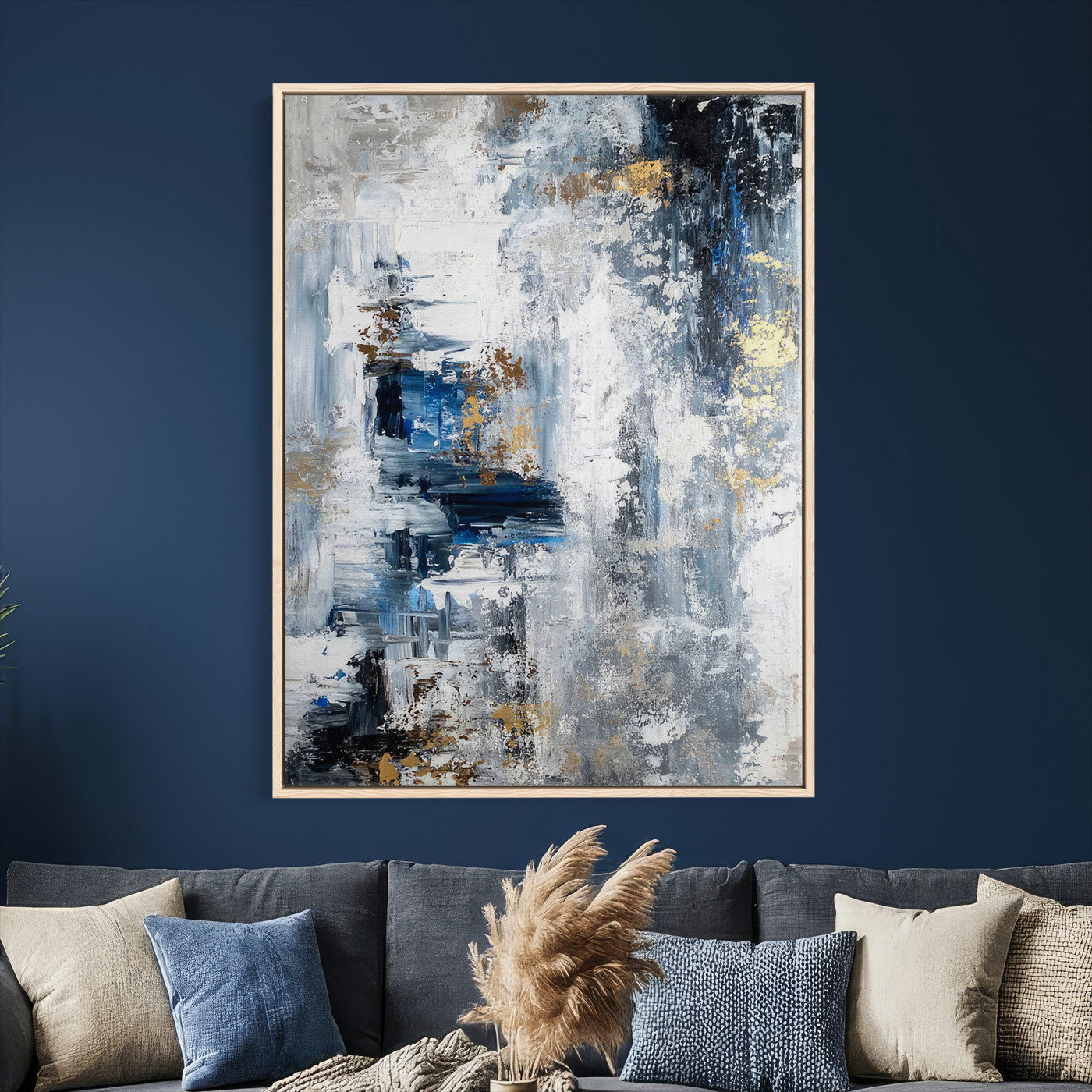 3962948988-MGV-CV-24X36 - Blue Abstract Wall Art Canvas Print, Gold Black Modern Architecture Canvas Print, Contemporary Moody City Artwork for Living Room Decor
