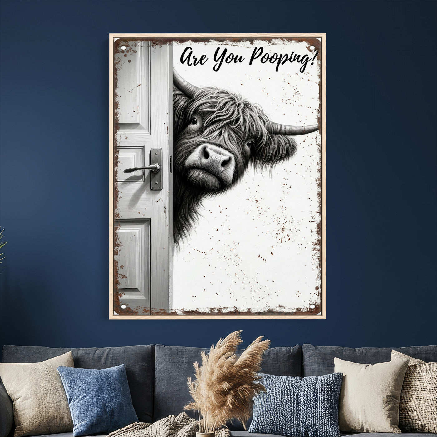 8151788G6-MGV-CV-24X36 - Funny Highland Cow Bathroom Wall Art Canvas Print, Are You Pooping Cow Sign, Rustic Farmhouse Bathroom Decor