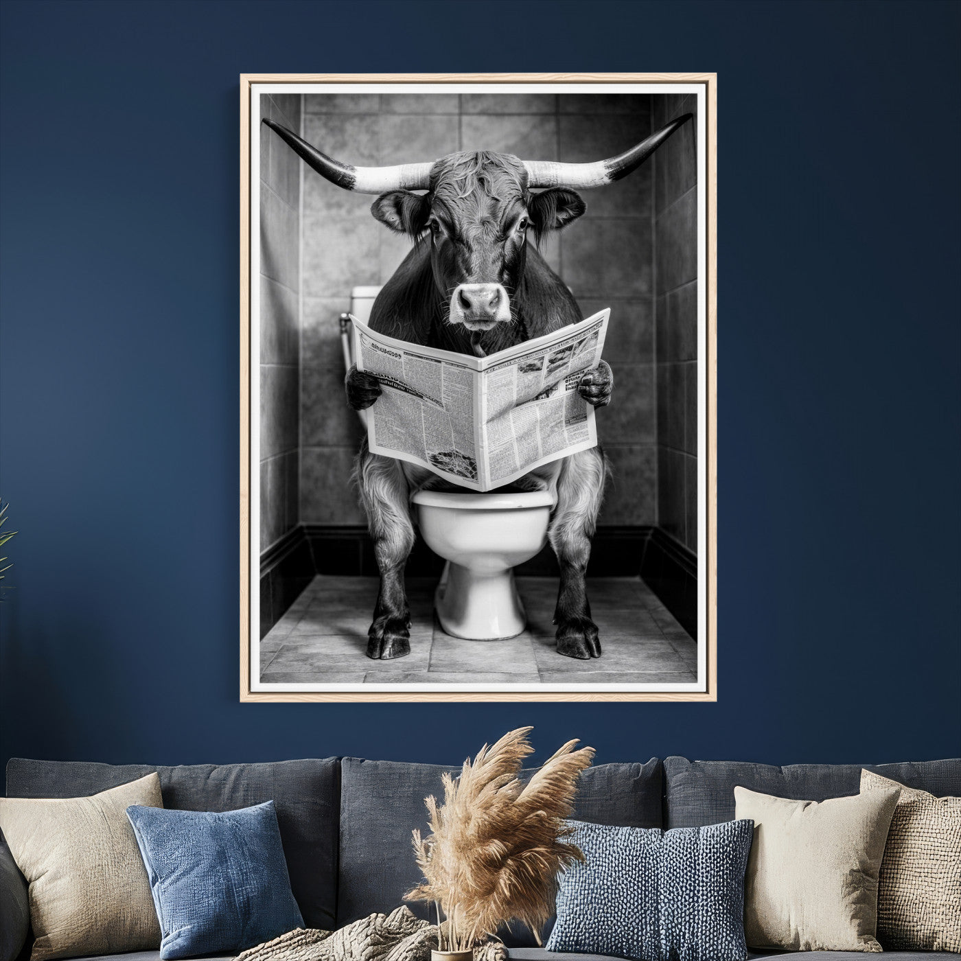 77994492-MGV-CV-24X36 - Texas Longhorn Cow Toilet Paper Canvas Wall Art, Funny Bathroom Black White Print, Cute Animal Humor Decor, Quirky Farmhouse Bathroom Art, Cow Lover Gift