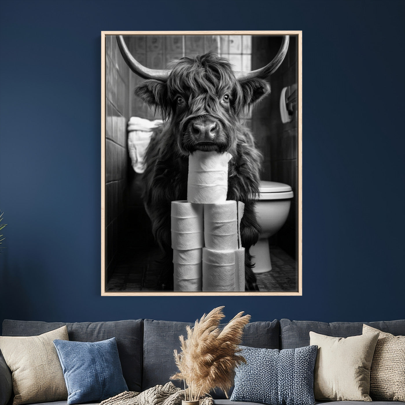 95909209-MGV-CV-24X36 - Highland Cow Toilet Paper Canvas Wall Art, Funny Bathroom Black White Print, Cute Animal Humor Decor, Quirky Farmhouse Bathroom Art, Cow Lover Gift