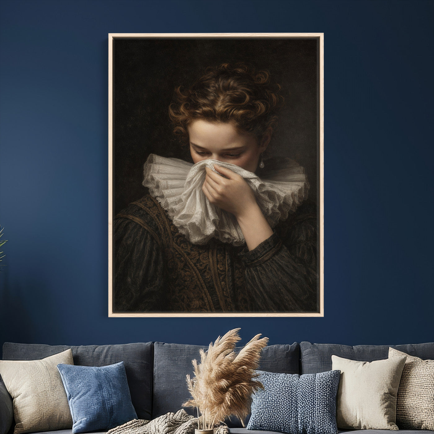 62652430-MGV-CV-24X36 - Baroque Portrait Canvas Wall Art, Flemish Woman with Lace Collar Print for Bathroom Wall Art, Funny Toilet Decor, Renaissance Style Portrait, Moody Vintage Wall Art