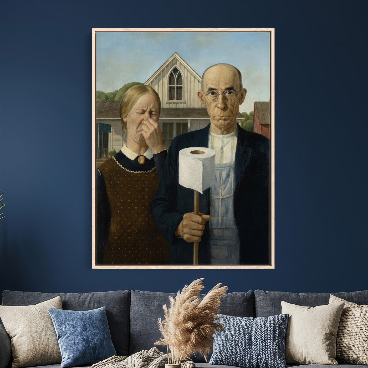 46805085-MGV-CV-24X36 - Funny Bathroom Canvas Wall Art, Grant Wood American Gothic Toilet Paper Parody Print, Humor Bathroom Decor, Classic Art Spoof, Quirky Housewarming Gift