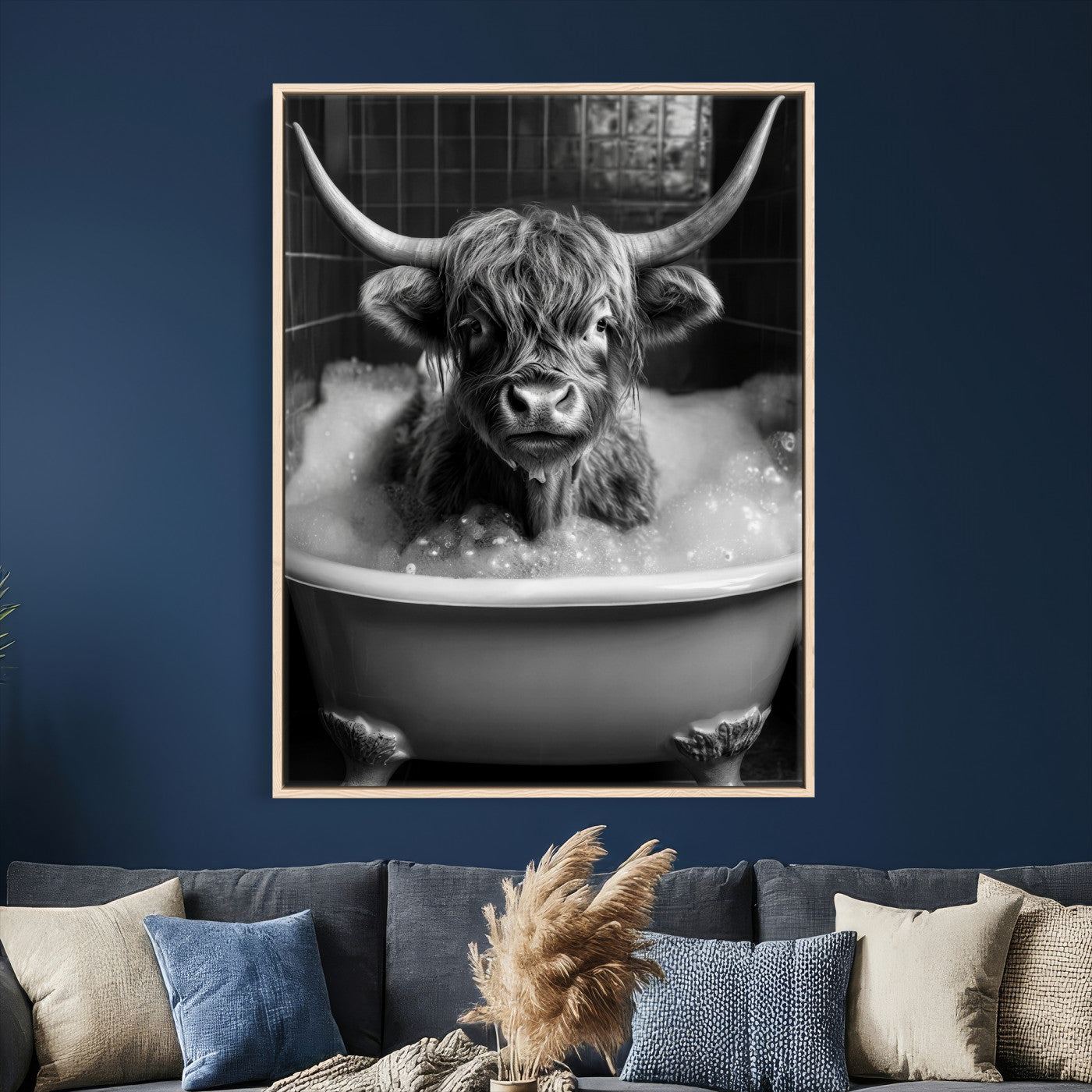 44020264-MGV-CV-24X36 - Highland Cow Bathtub Canvas Wall Art, Funny Bathroom Print Black White, Grumpy Cow Bubble Bath Decor, Animal Bathroom Art, Farmhouse Humor Print, Cute Cow Gift