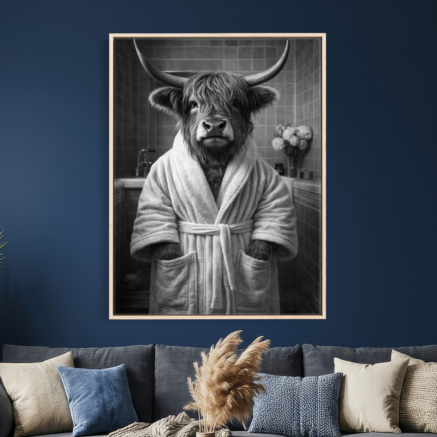 98453723-MGV-CV-24X36 - Funny Bathroom Wall Art Canvas Print, Highland Cow in Bathrobe, Black and White Humor Decor, Animal Bathroom Print, Farmhouse Bathroom Art