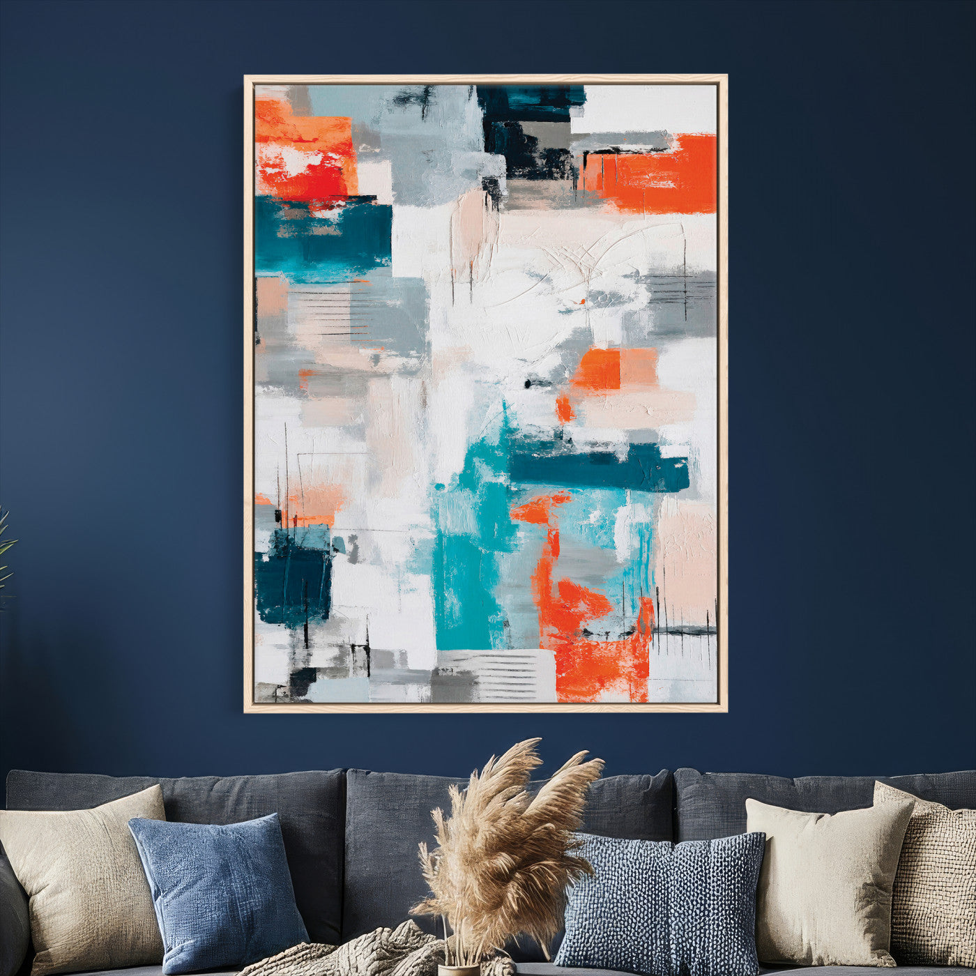 39825760-MGV-CV-24X36 - Blue Teal Abstract Canvas Wall Art - Modern Textured Painting Print, Navy Orange White Contemporary Art, Neutral Living Room Decor, Office Art