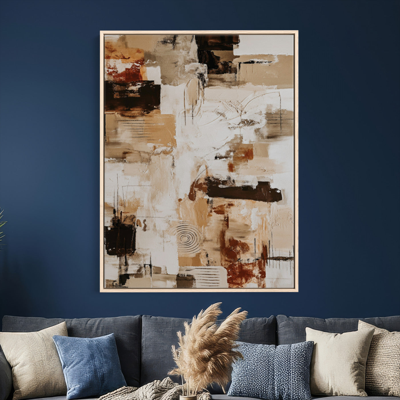 90644187-MGV-CV-24X36 - Blue Teal Abstract Canvas Wall Art | Modern Textured Painting Print, Navy Orange White Contemporary Art - Neutral Living Room Decor, Office Art