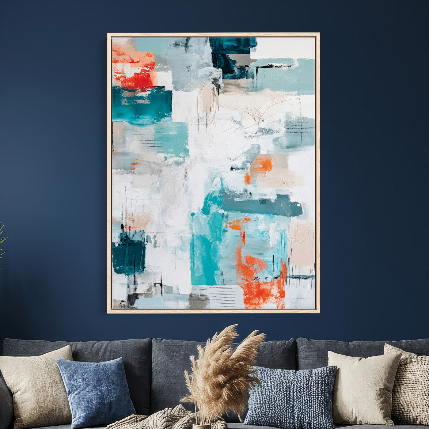 47011485-MGV-CV-24X36 - Blue Teal Abstract Canvas Wall Art, Modern Textured Painting Print, Navy Orange White Contemporary Art, Neutral Living Room Decor, Office Art