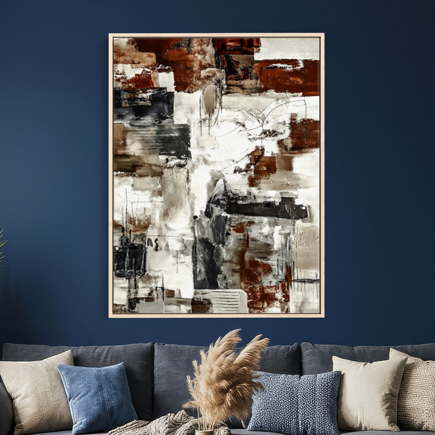 23953633-MGV-CV-24X36 - Blue Teal Abstract Canvas Wall Art, Modern Textured Painting Print, Navy Orange White Contemporary Art, Neutral Living Room Decor, Office Art
