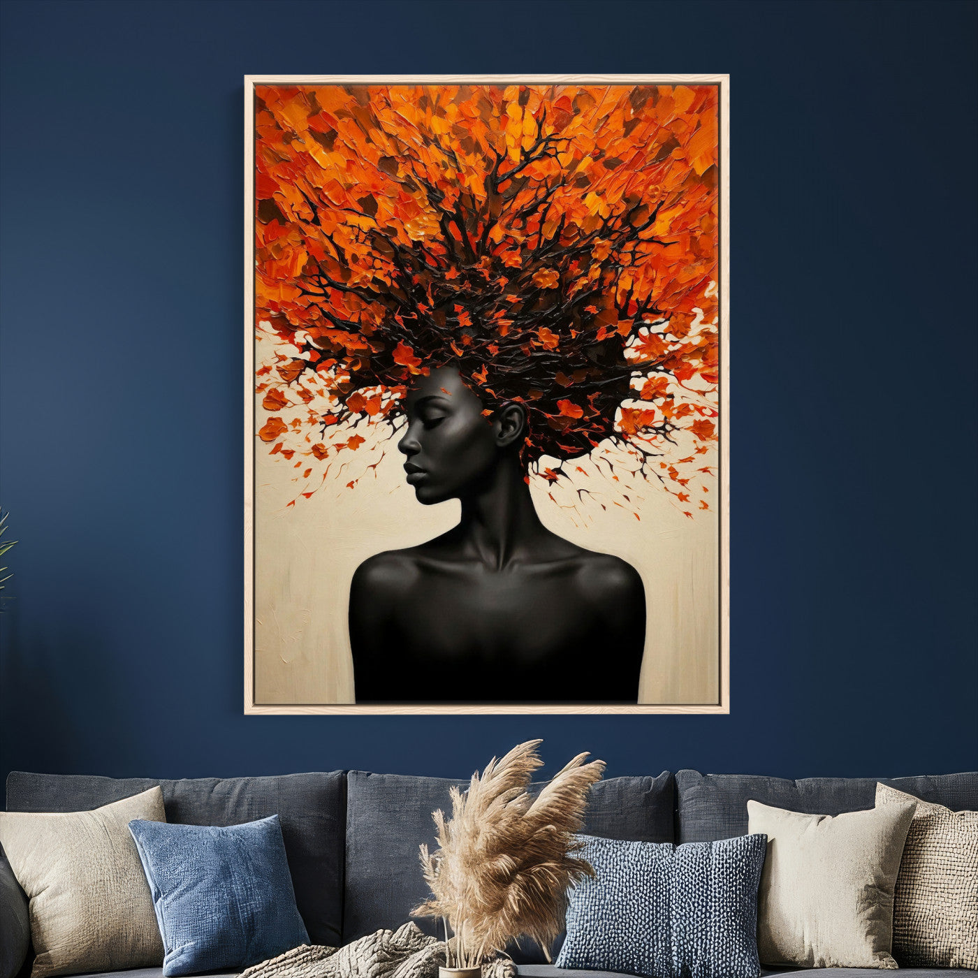 99995103-MGV-CV-24X36 - Black Woman Autumn Tree Canvas Wall Art Surreal African Portrait Painting Print