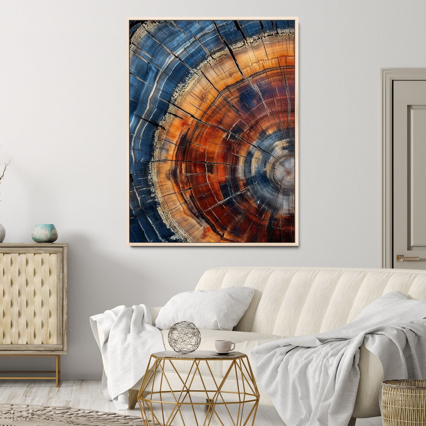 38379387-MGV-FC-36X24-Tree Rings Wall Art Canvas Print – Blue Wood Grain Rustic Texture Natural Earthy Nature Artwork for Home Office