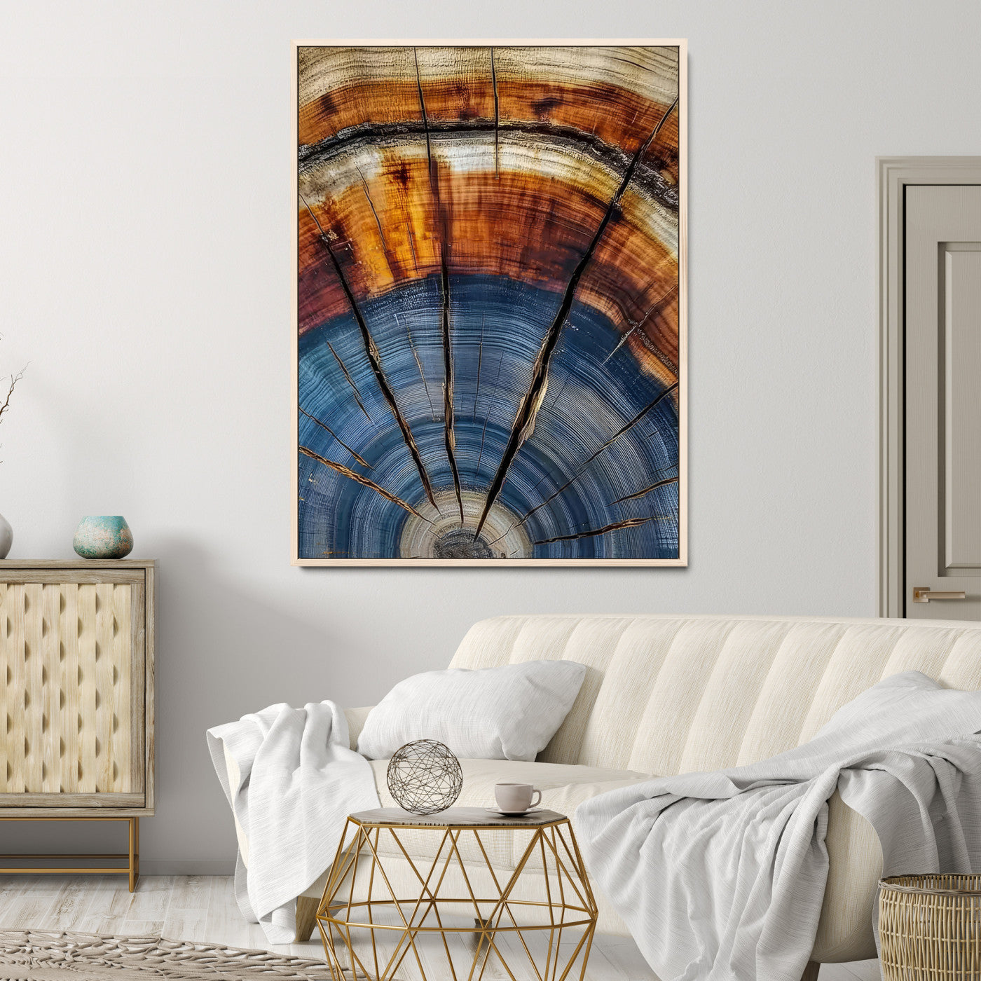 47703729-MGV-FC-36X24-Tree Rings Wall Art Canvas Print – Blue Wood Grain Rustic Natural Earthy Nature Artwork for Home, Office, Living Room