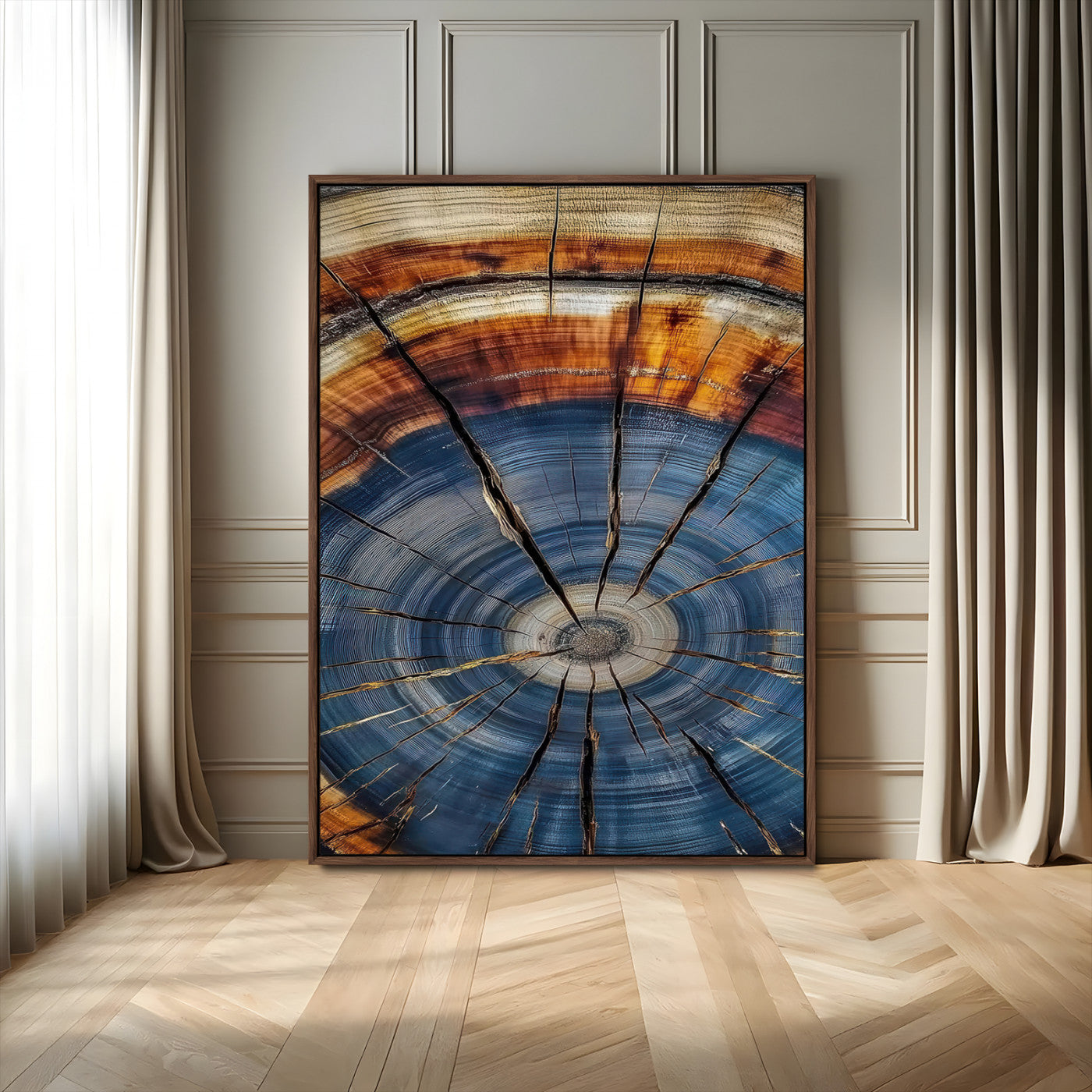 58959380-MGV-FC-24X36_Walnut-Tree Rings Wall Art Canvas Print – Blue Wood Grain Rustic Pattern Natural Texture Artwork for Modern Home Office