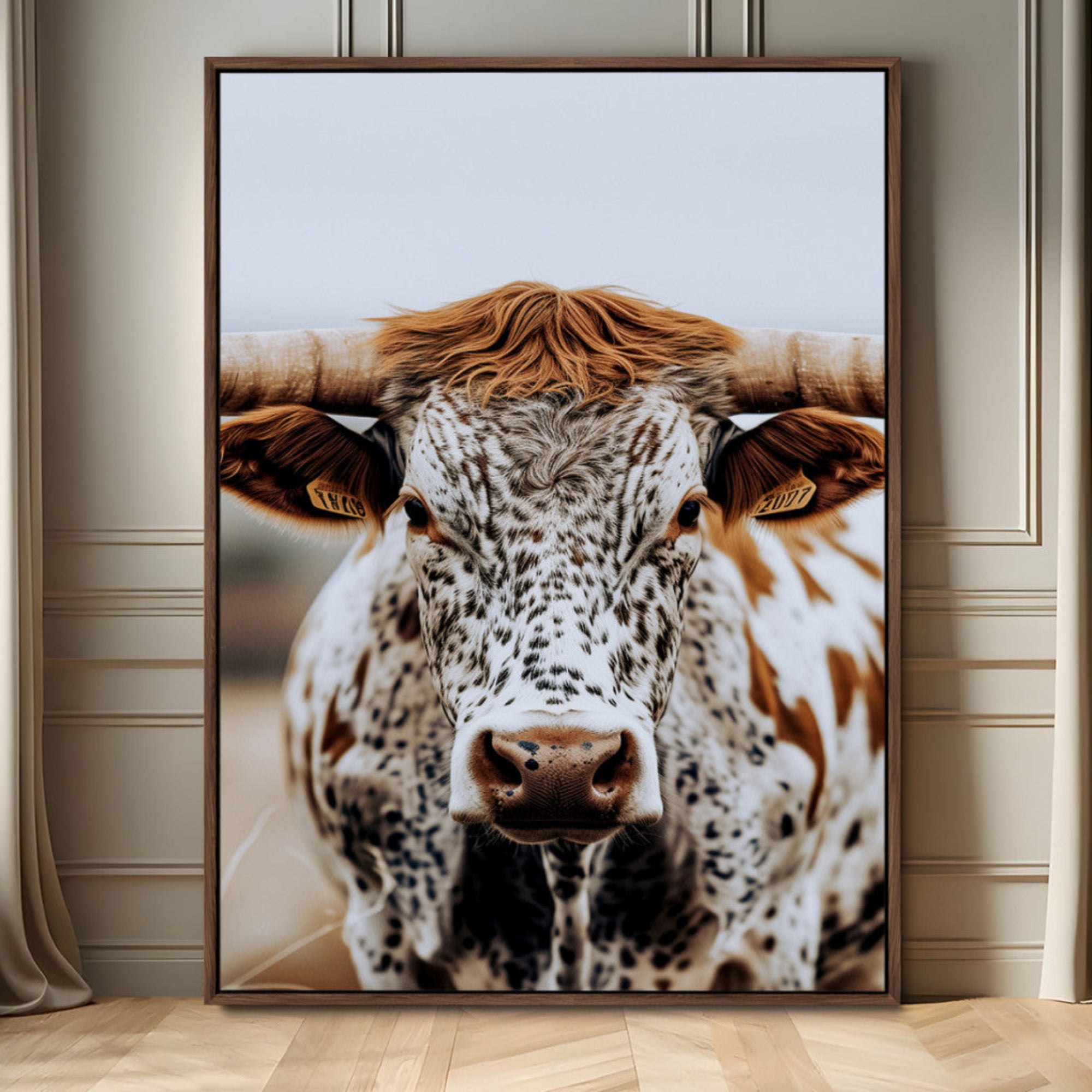 83285937-MGV-FC-24X36_Walnut-Texas Longhorn Wall Art Canvas Print, Framed Spotted Cow Art Picture Print, Horned Cattle Perfect Rustic Western Decor Artwork
