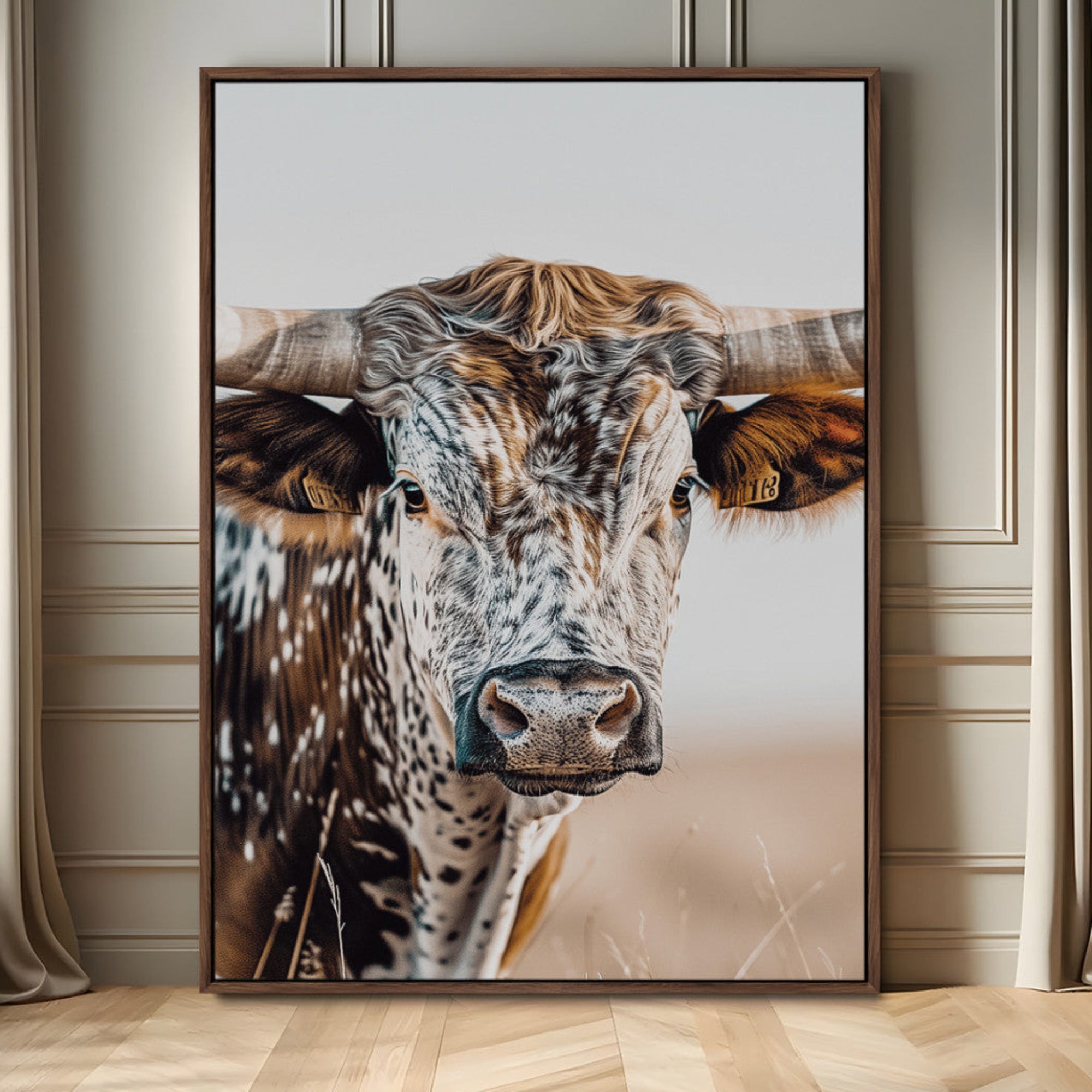 50803532-MGV-FC-24X36_Walnut-Texas Longhorn Wall Art Canvas Print, Framed Speckled Cow Art Picture Print, Horned Bull Perfect Rustic Western Decor Artwork