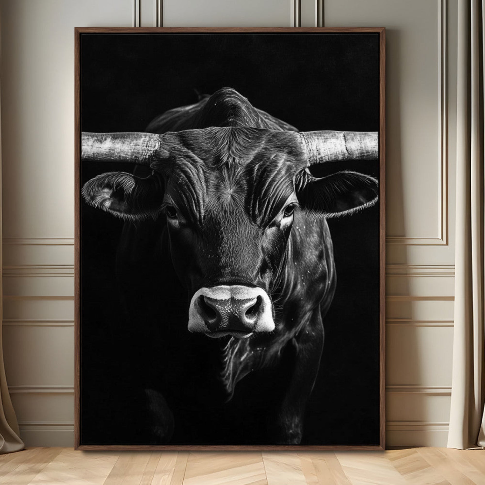 75358747-MGV-FC-24X36_Walnut-Texas Longhorn Wall Art Canvas Print, Framed Monochrome Bull Art Picture Print, Horned Bull Perfect Minimalist Western Decor Artwork