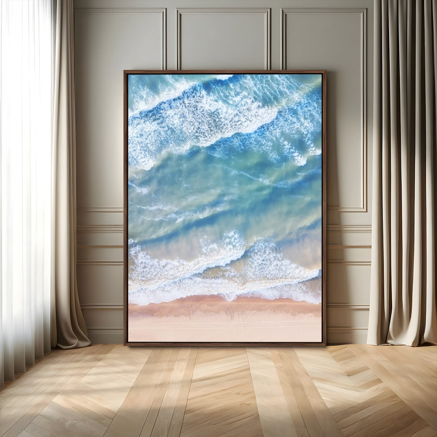 81208260-MGV-FC-24X36_Walnut-Aerial Ocean View Wall Art Canvas Print, Framed Soft Blue Waves Art Picture Print, Sandy Shoreline Perfect Modern Coastal Decor Artwork