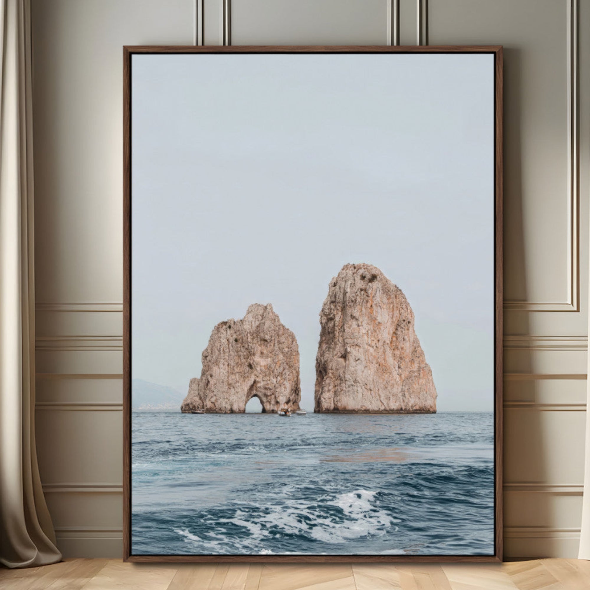 23148844-MGV-FC-24X36_Walnut-Faraglioni Capri Wall Art Canvas Print – Framed Serene Ocean Mediterranean Coastal View Minimal Artwork for Home Office