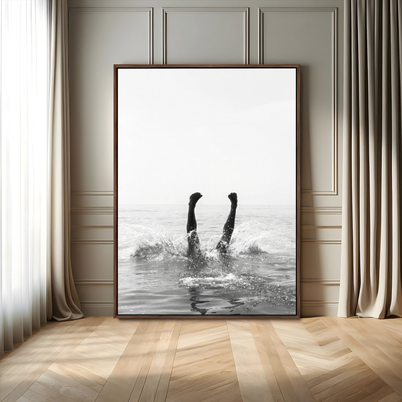 43900465-MGV-FC-24X36_Walnut-Minimal Ocean Wall Art Canvas Print – Framed Monochrome Diving Swimmer Sea Modern Coastal Minimal Artwork for Home Office