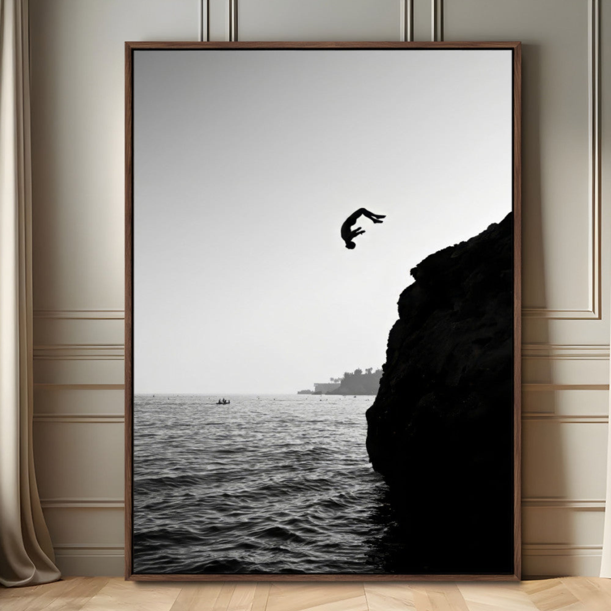 99497106-MGV-FC-24X36_Walnut-Cliff Jumping Silhouette Wall Art Canvas Print – Framed Black White Ocean Monochrome Adventure Artwork for Home Office
