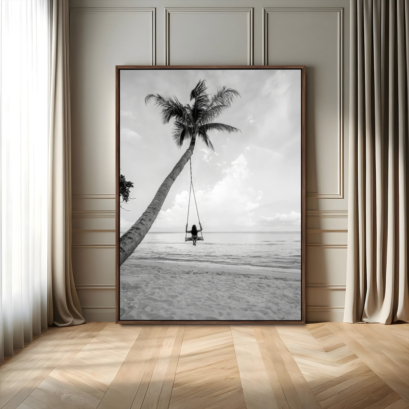 78460277-MGV-FC-24X36_Walnut-Black White Palm Tree Wall Art Canvas Print – Framed Minimalist Beach Swing Monochrome Coastal Artwork for Home Office