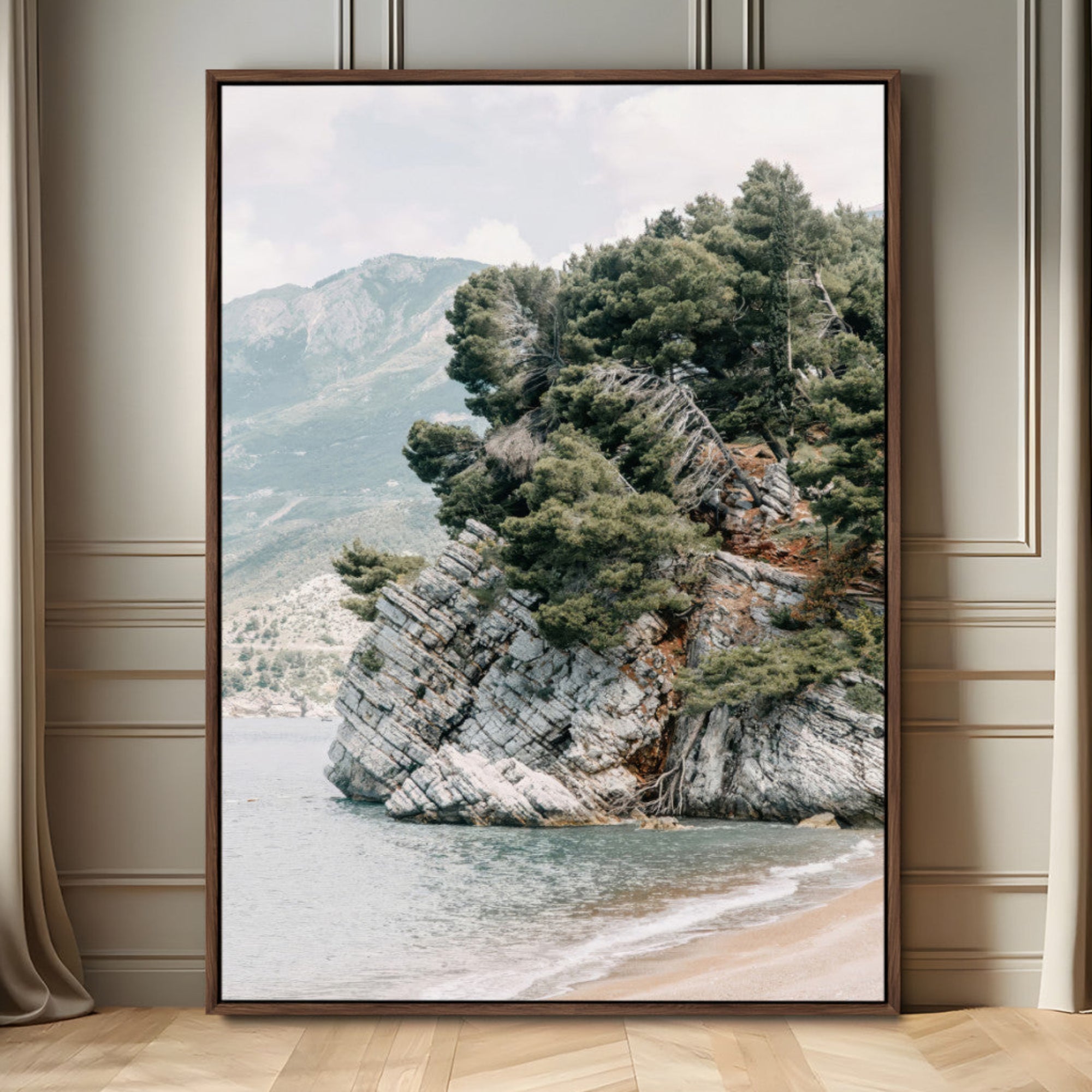 28003346-MGV-FC-24X36_Walnut-Beach Trees Wall Art Canvas Print – Framed Earthy Beachside Nature Rustic Coastal Landscape Artwork for Home Office