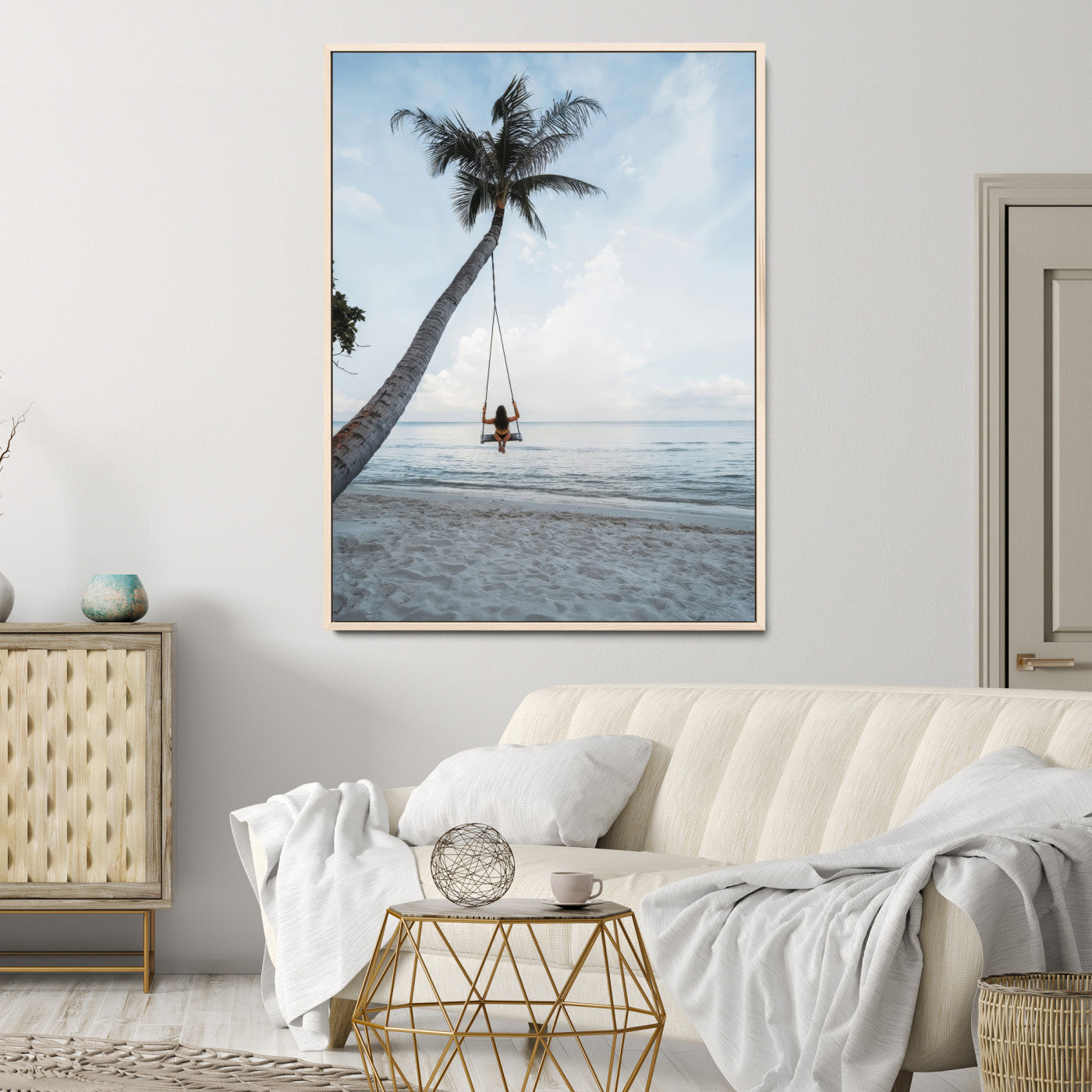 86062249-MGV-FC-36X24-Tropical Swing Wall Art Canvas Print – Palm Trees Ocean View Relaxing Beach Minimalist Coastal Decor Artwork