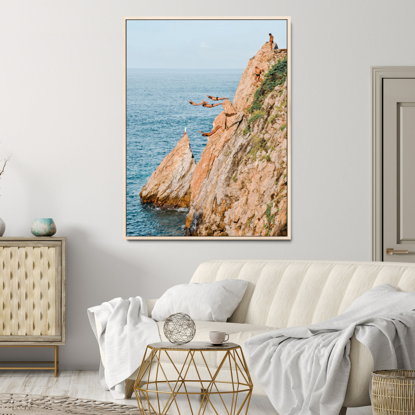 74527880-MGV-FC-36X24-Cliff Divers Wall Art Canvas Print, Framed Oceanfront Art Picture Print, Coastal Perfect Adventurous