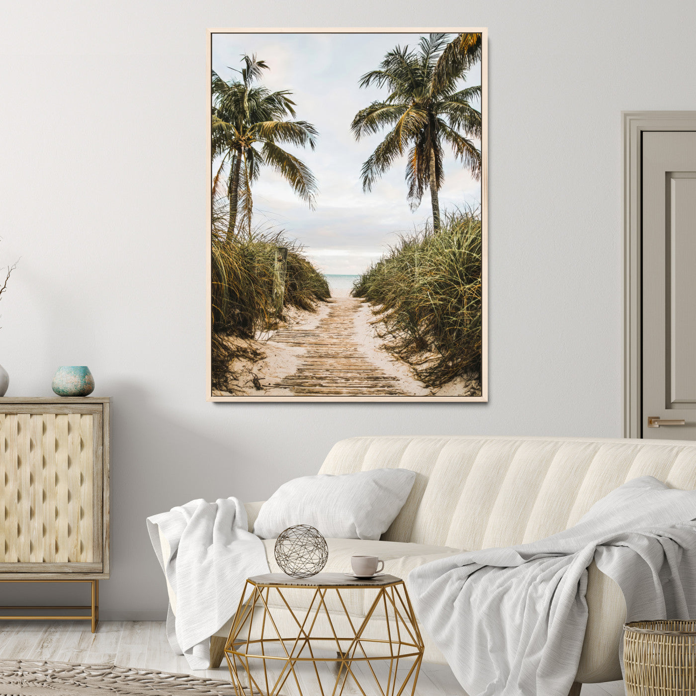 47319550-MGV-FC-36X24-Tropical Beach Wall Art Canvas Print – Framed Coastal Palm Tree Scene with Rustic Sand Ocean Artwork for Home, Office