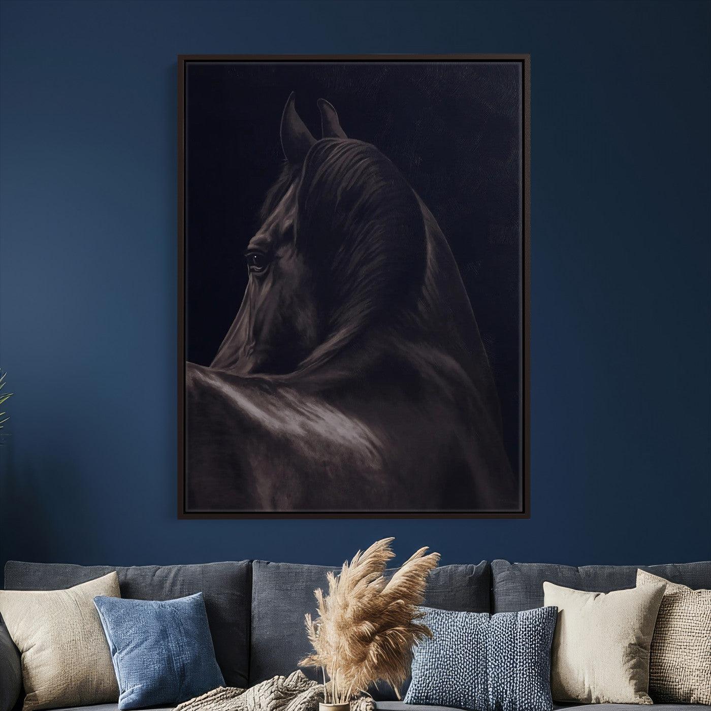 77538596-MGV-CV-24X36 - Dark Horse Wall Art – Majestic Silhouette Canvas Print, Sleek Mane, Graceful Strength, Elegant Equine Form, Timeless Beauty Decor for Home or Office