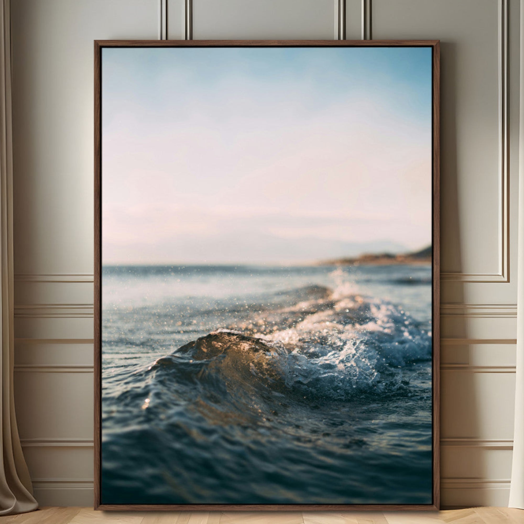 65283502-MGV-FC-24X36_Walnut-Ocean Waves Wall Art Canvas Print – Framed Coastal Serenity Golden Hour Modern Nature Scene Artwork for Home Office