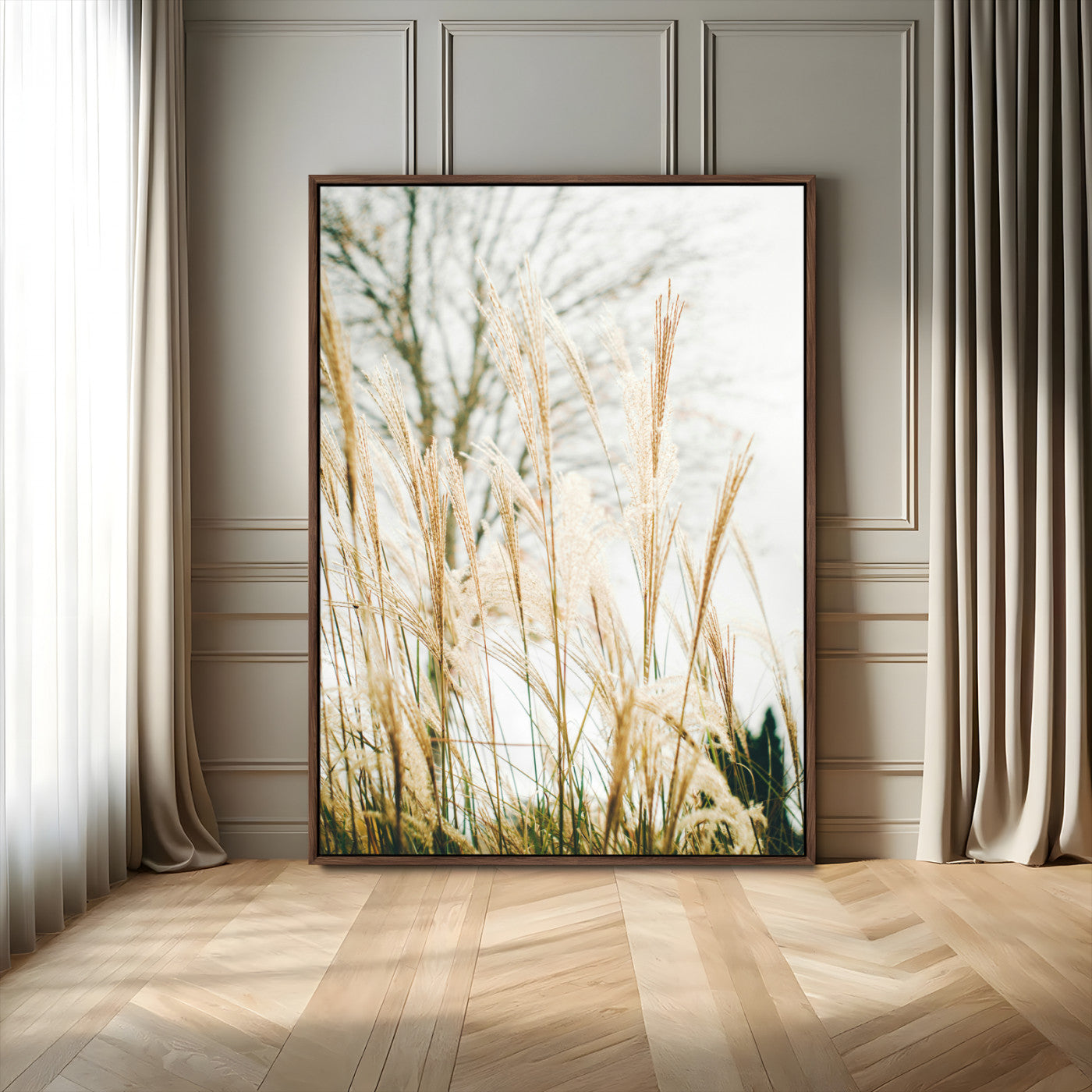 17571705-MGV-FC-24X36_Walnut-Pampas Grass Wall Art Canvas Print – Framed Neutral Tones Minimalist Nature Scene Artwork for Home Office