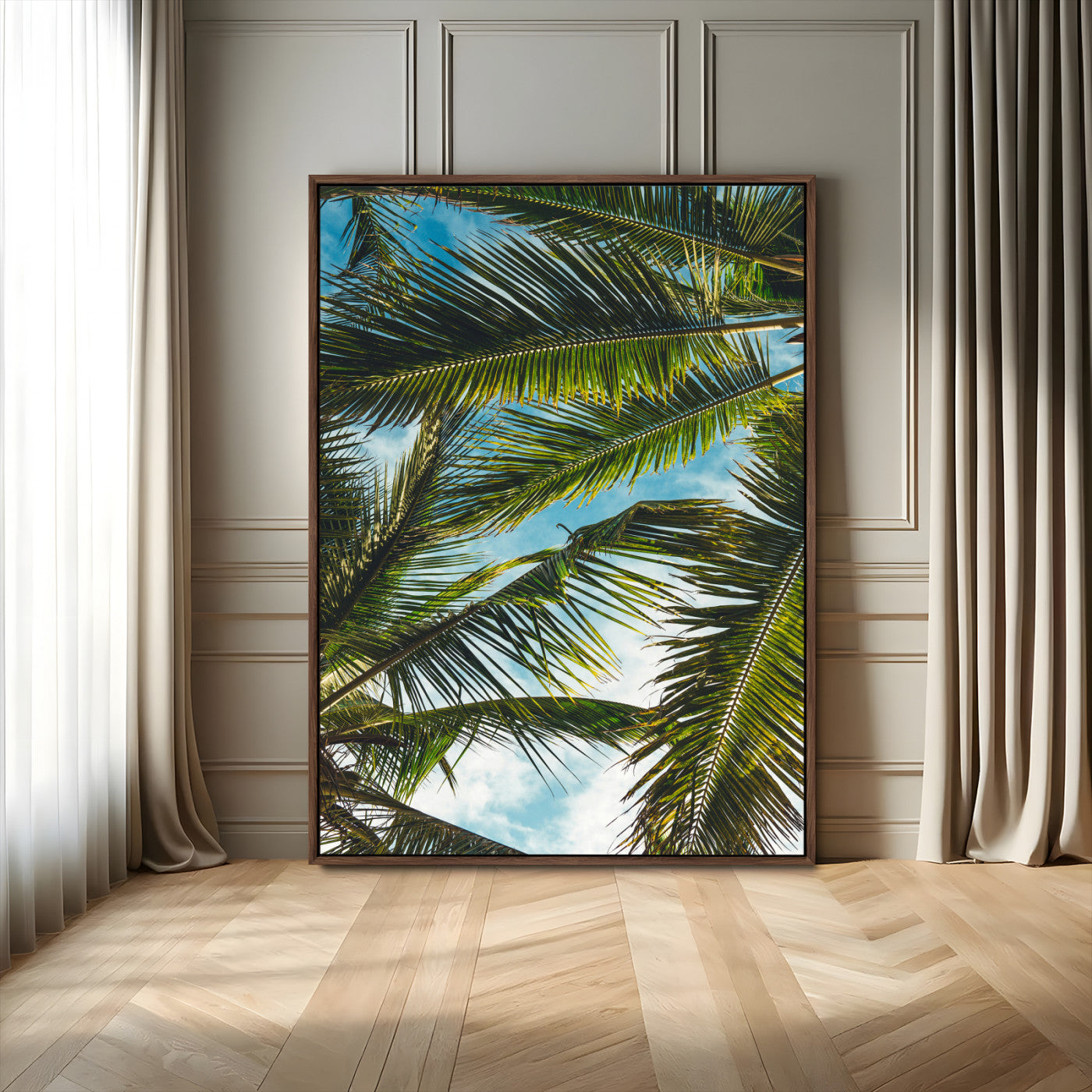 31086560-MGV-FC-24X36_Walnut-Palm Leaves Wall Art Canvas Print – Framed Tropical Vibes Green Foliage Nature Scene Artwork for Home Office